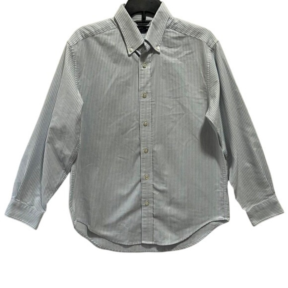 Lands' End Youth Boys Size 12 Collared Button Up, White with Light Blue Stripes
